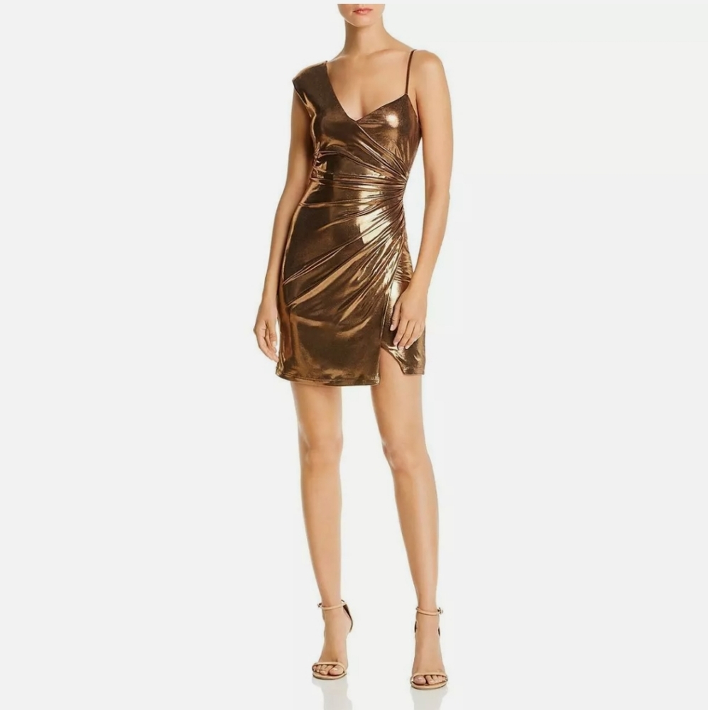 BCBGMAXAZRIA Womens Metallic Ruched Party Cocktail Mini Dress Size L